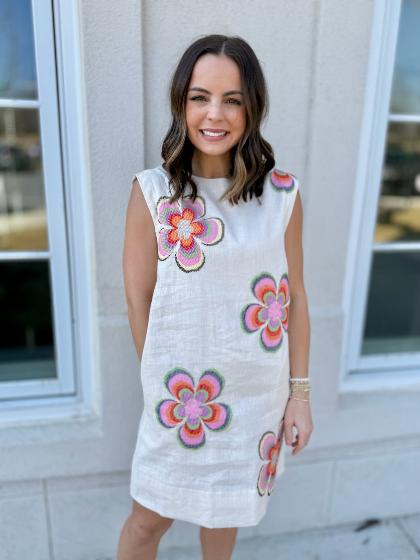 Cream Flower Embroidered Dress