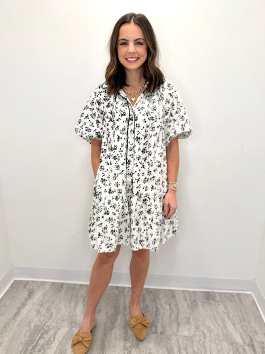 Ivory and Black Floral Button Down Shirt Dress