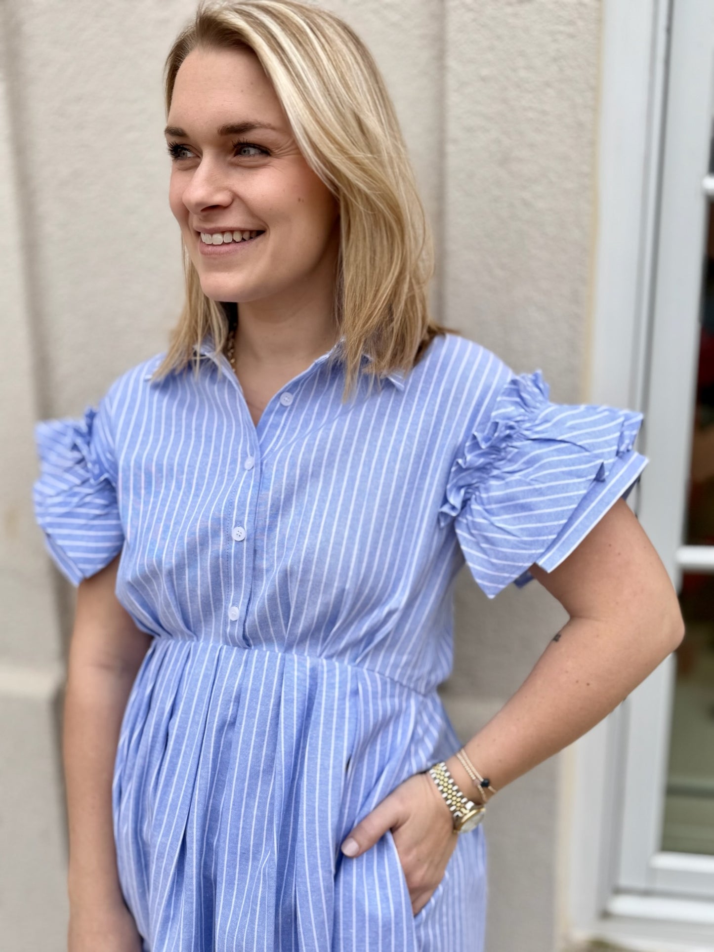 Blue Striped Cotton Oxford Shirt Dress