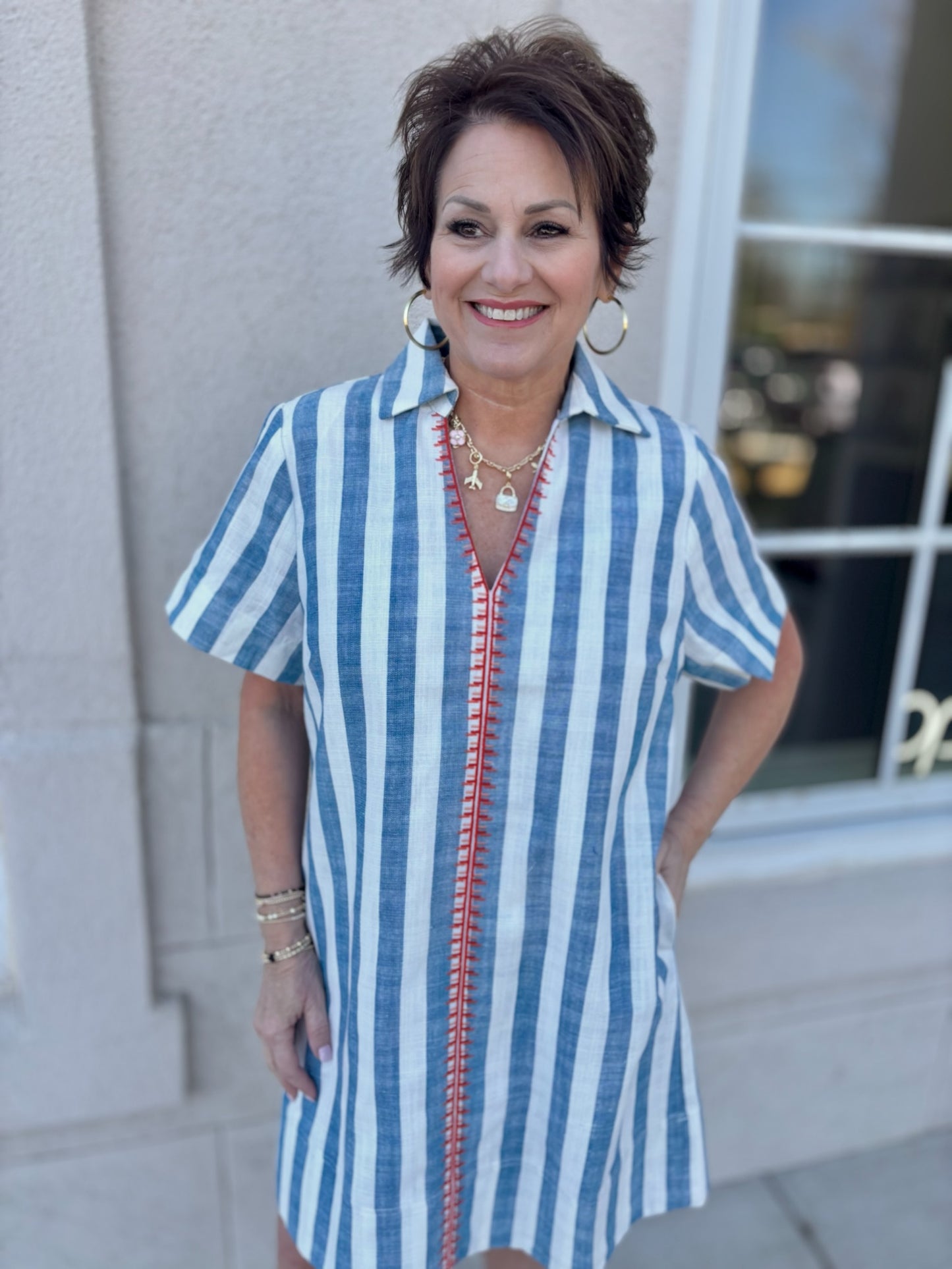 Blue Short Sleeve Striped Dress