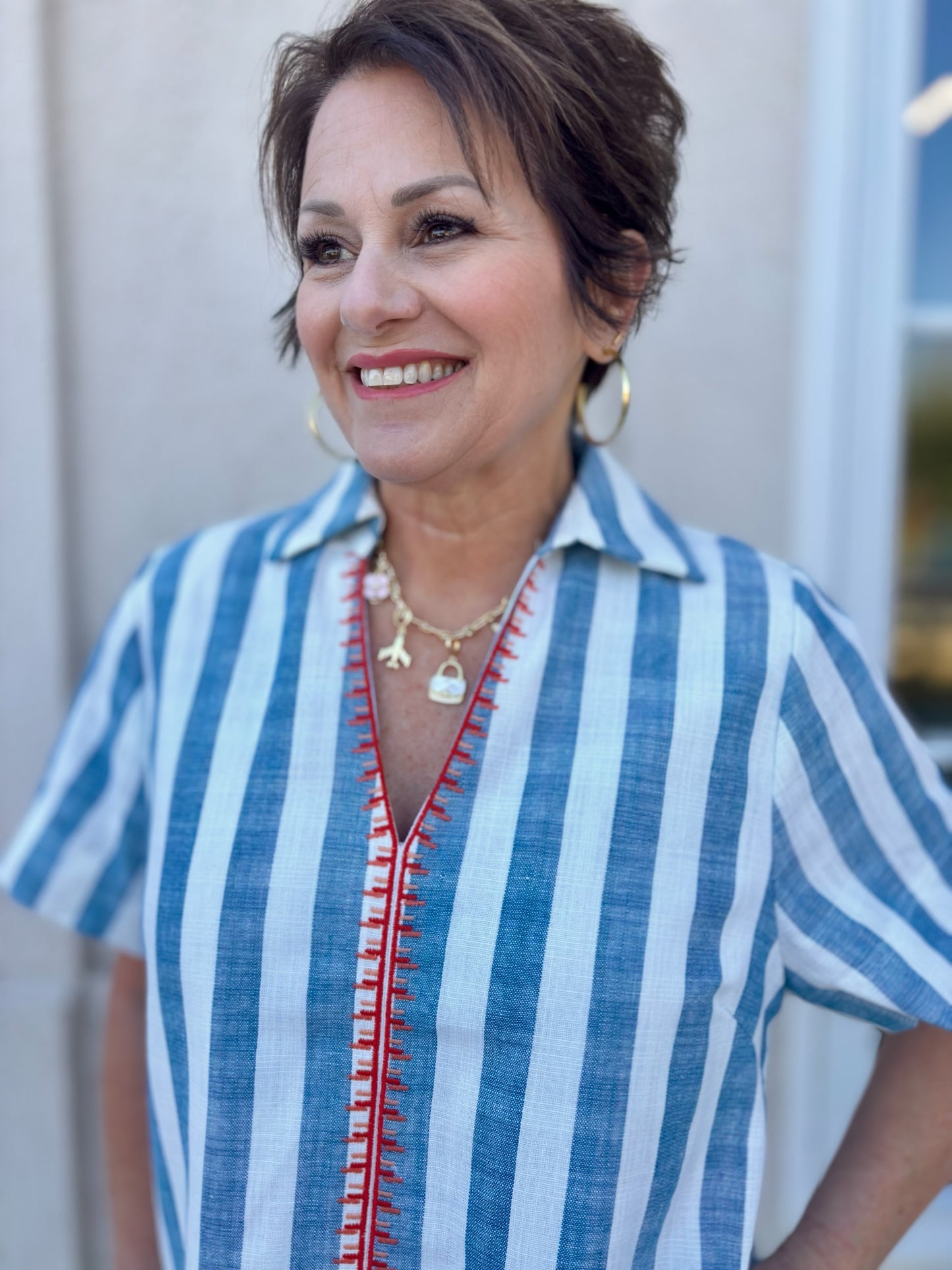 Blue Short Sleeve Striped Dress