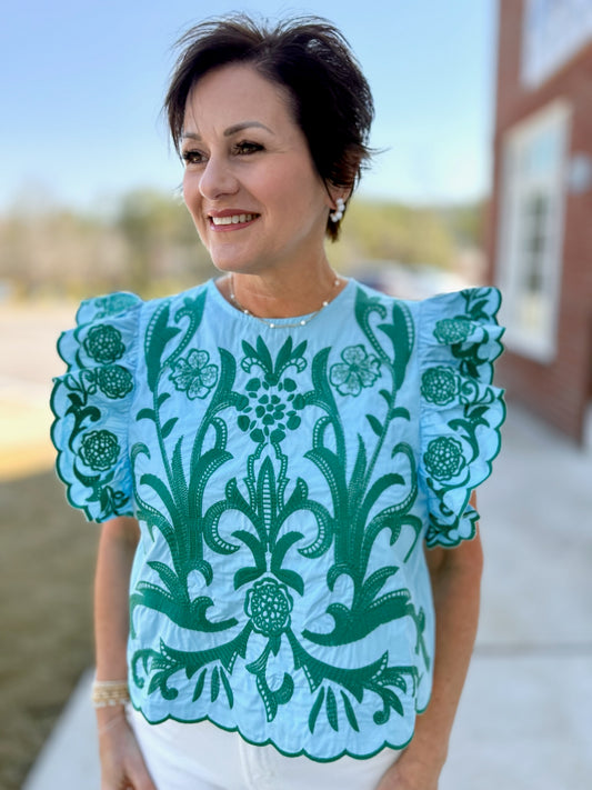 Light Blue and Green Embroidered Top