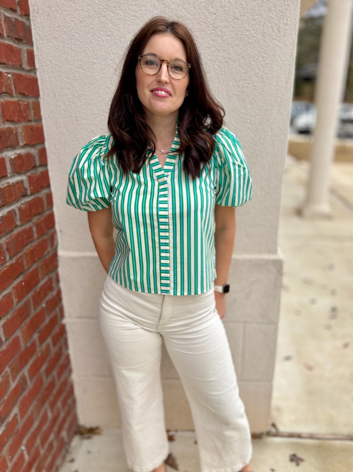 Green and White Stripe Print Top