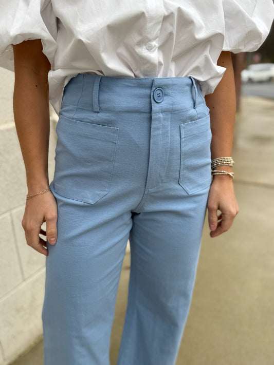 Blue Linen Blend Ankle Length Pants