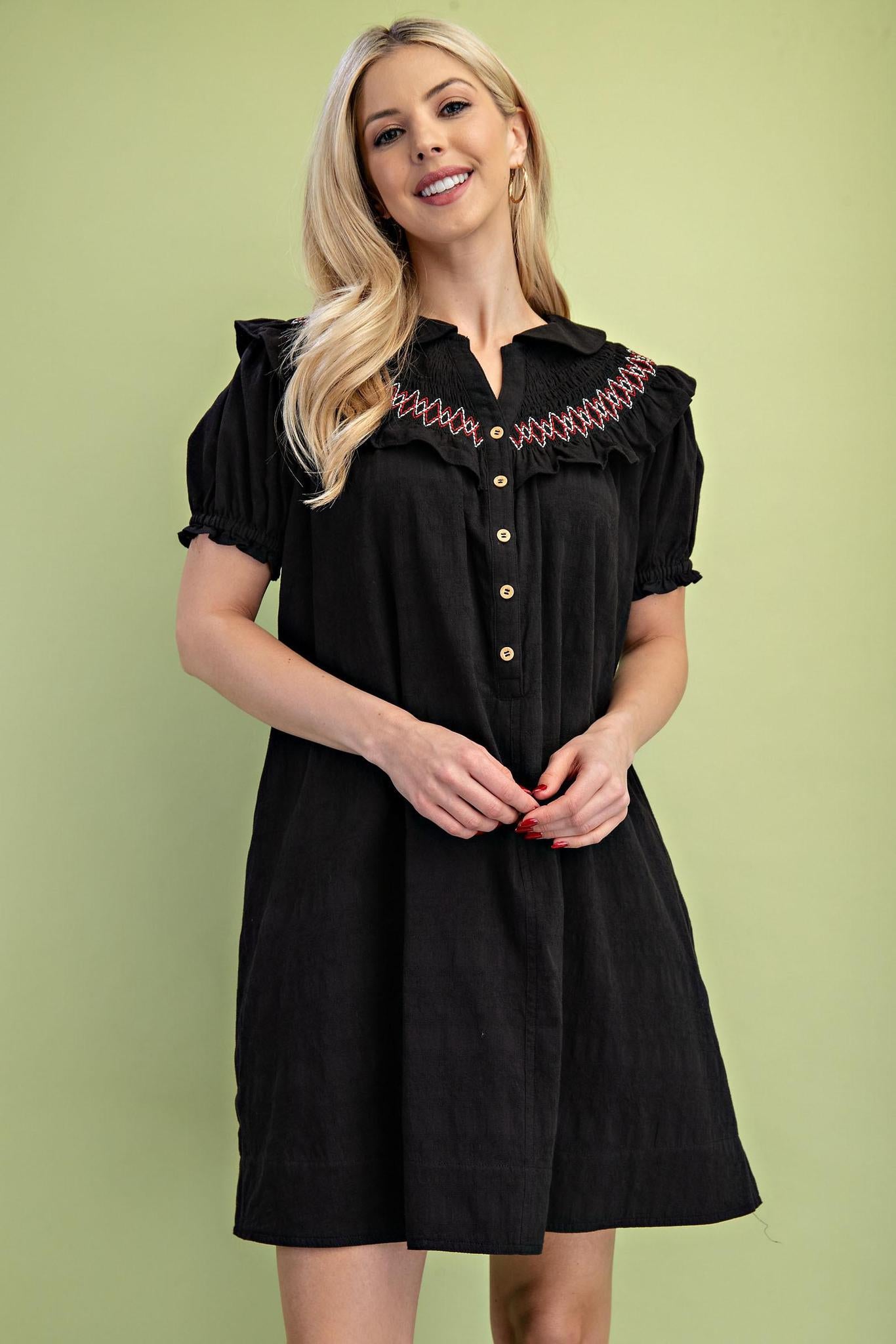 Black Embroidered Peter Pan Collared Dress