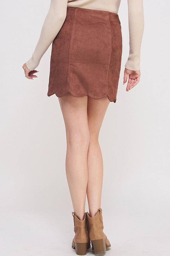 Brown Button Down Scallop Hem Suede Skirt