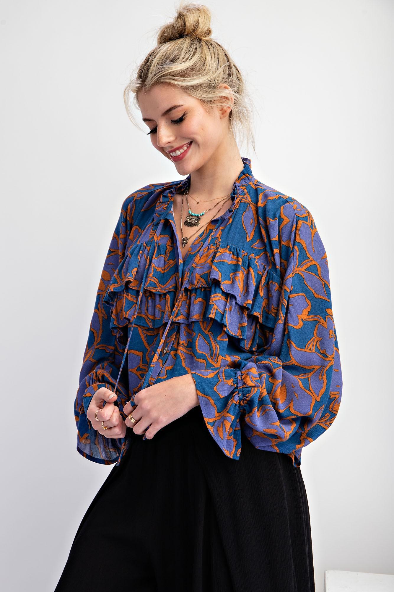 Indigo Printed Rayon Gauze Top