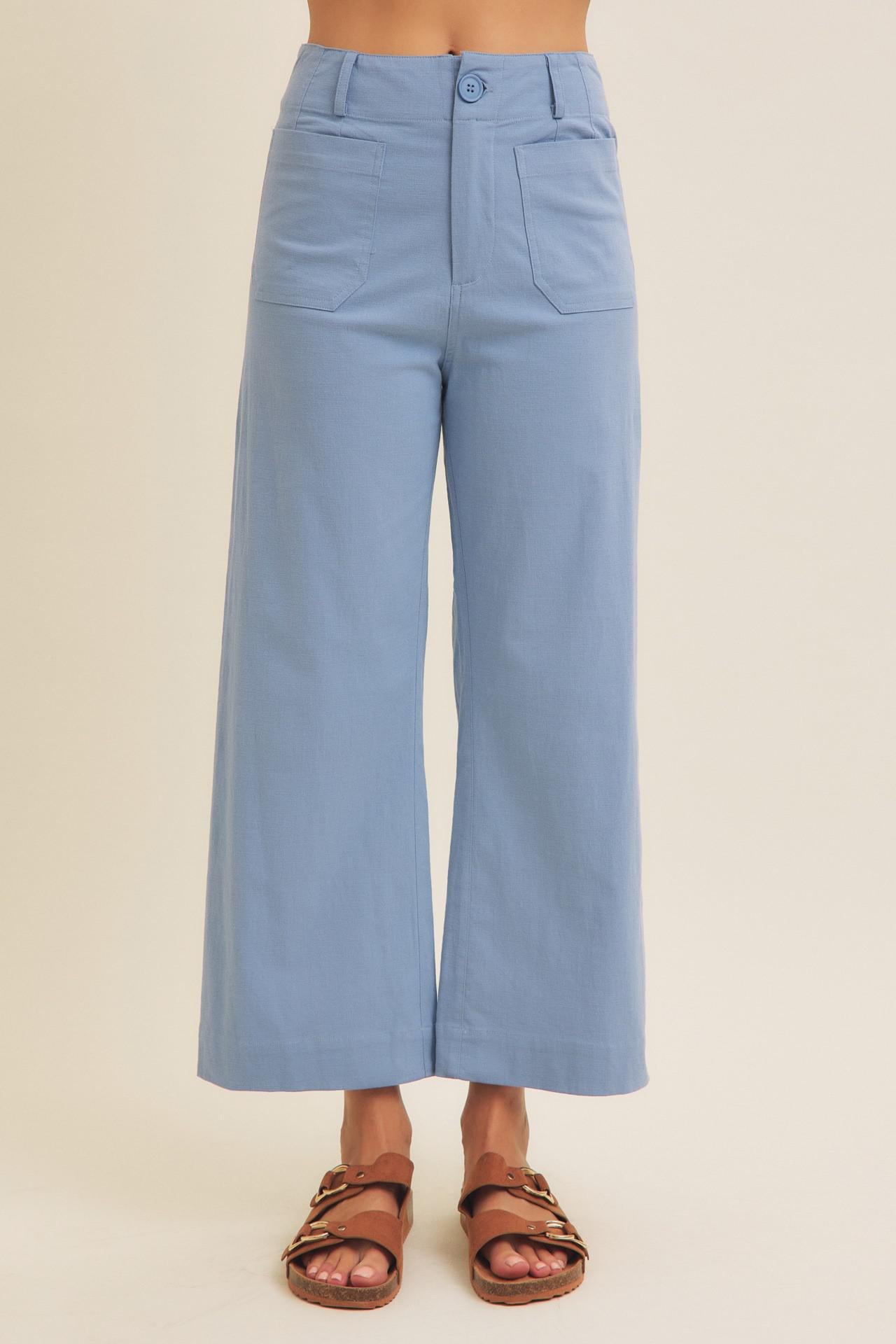 Blue Linen Blend Ankle Length Pants