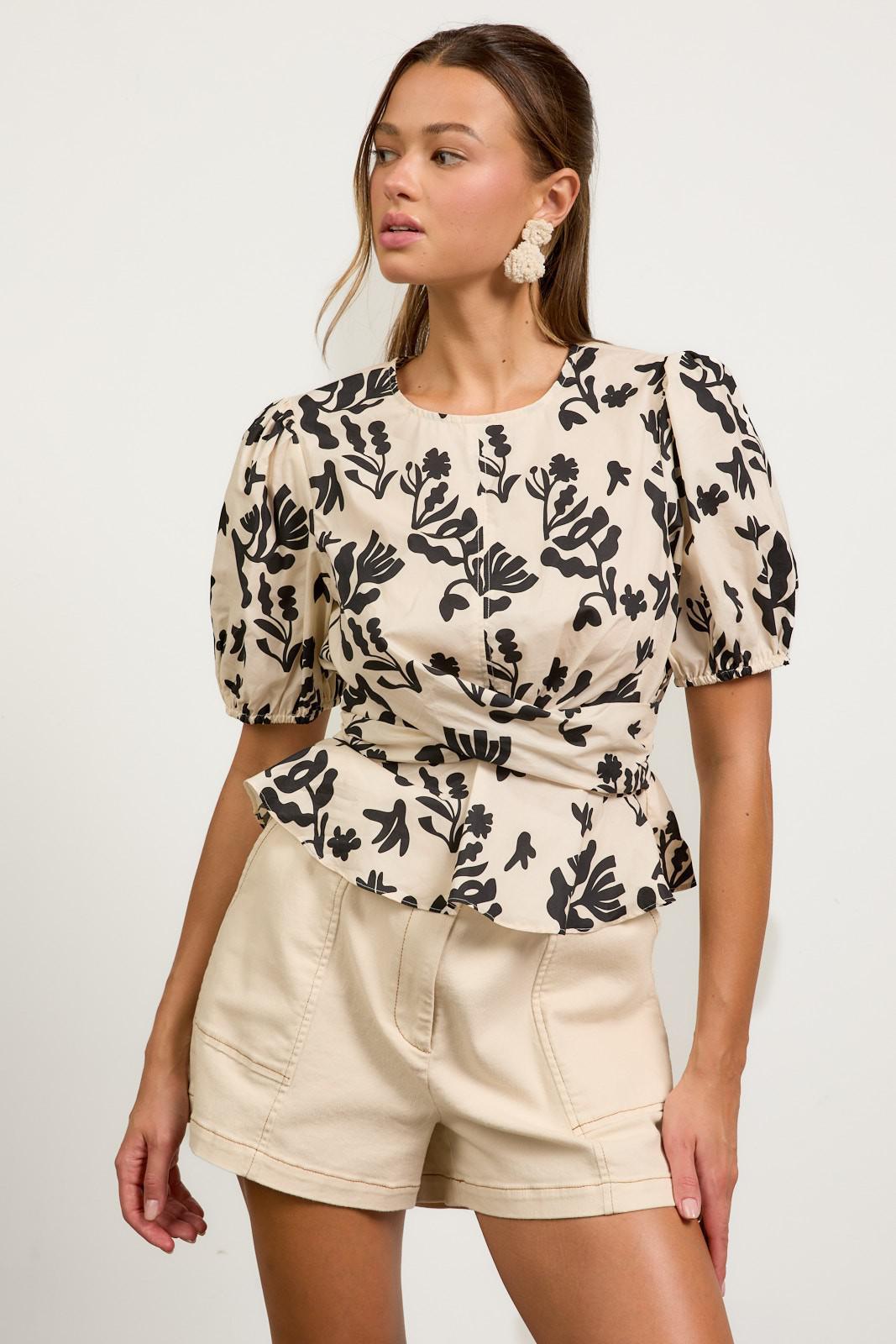 Black and Ivory Printed Poplin Top