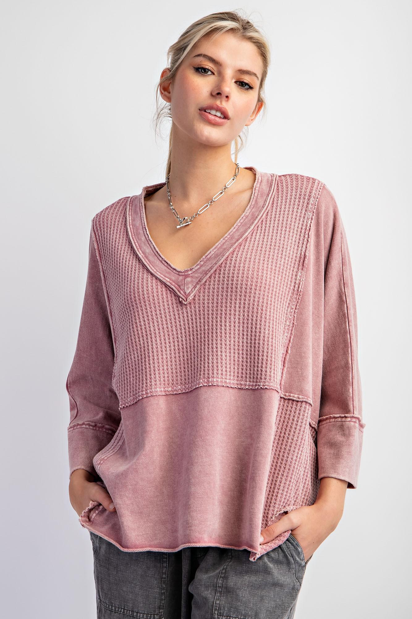 Mauve 3/4 Sleeve Mineral Washed Top