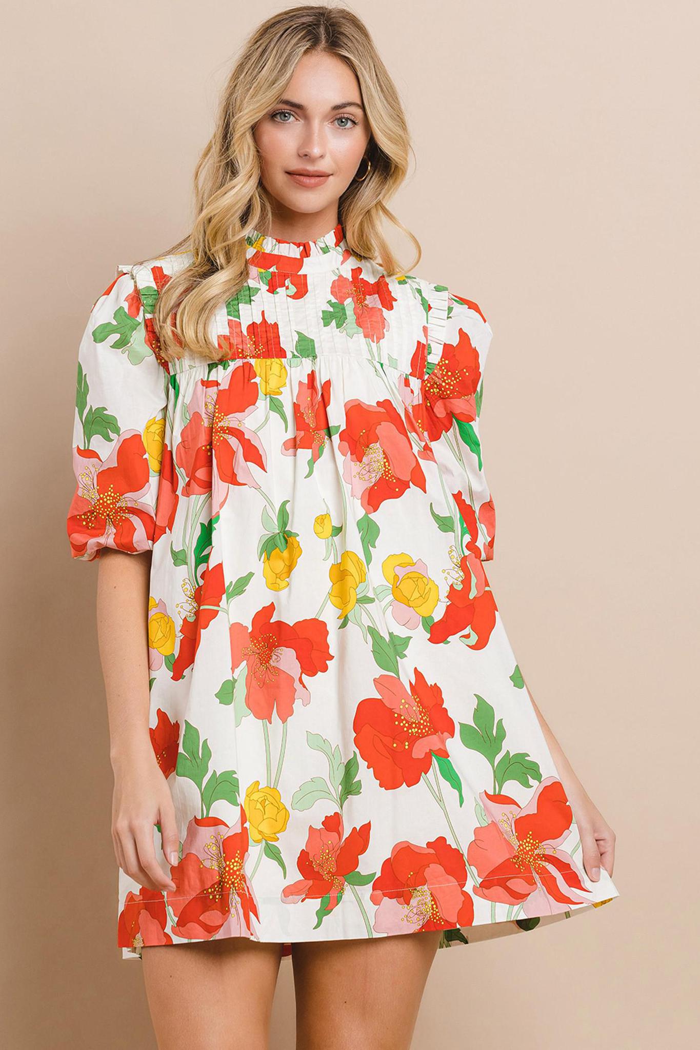 Red Floral Print Shift Dress