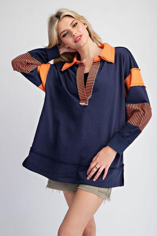 Pumpkin and Navy Color Block Long Sleeve Top