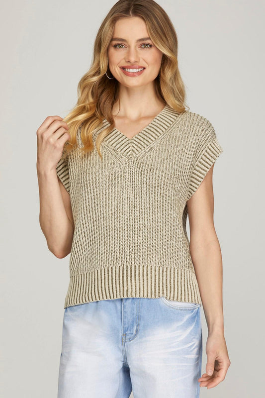 Olive V Neck Two Toned Knit Sweater Vest