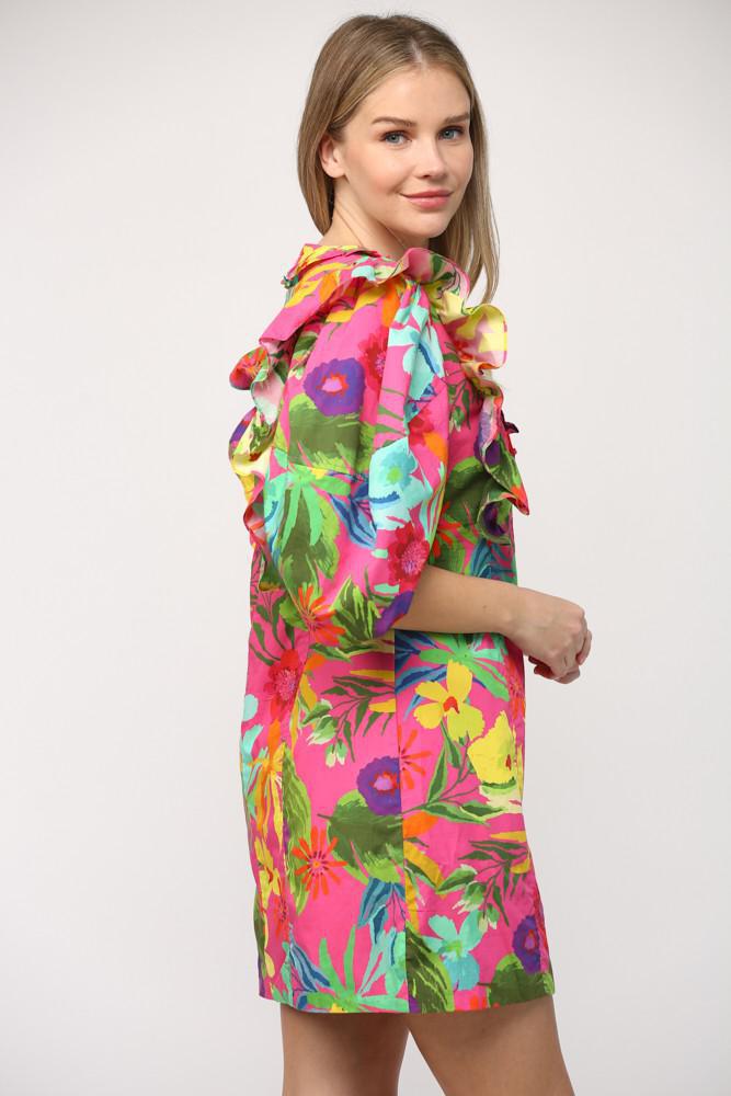 Hot Pink Tropical Print Ruffle Detail Dress