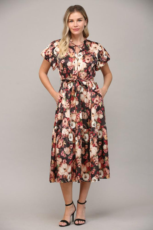 Black Floral Print Satin Dress