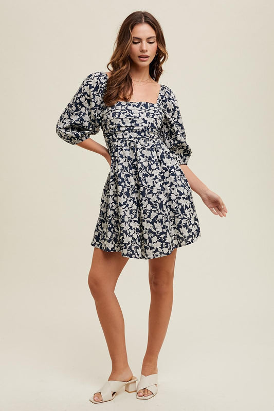 Navy and Ivory Floral Ruched Bust Mini