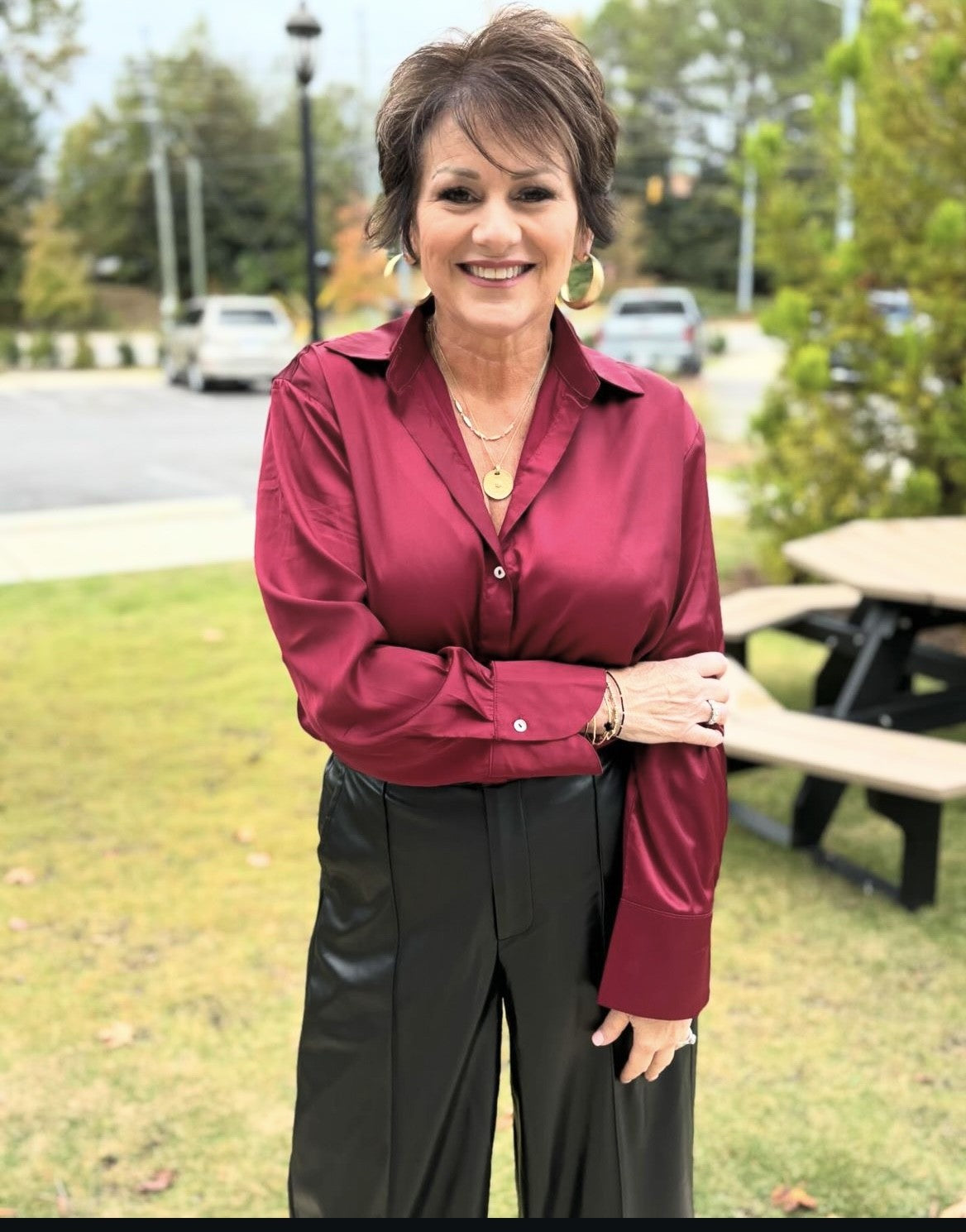 Burgundy Button Down VNeck Lapel Collared Shirt